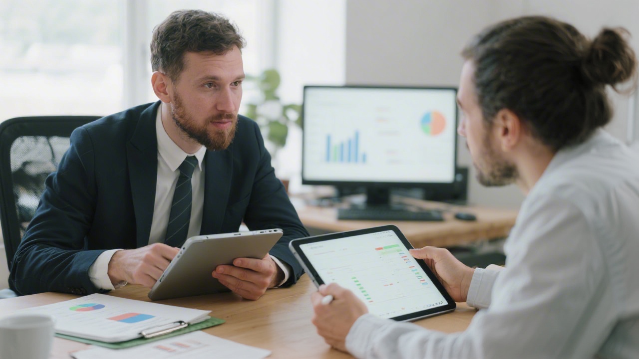 Collaborative meeting between finance specialist and freelancer discussing workflow optimization on tablets to illustrate tailored bookkeeping support services.