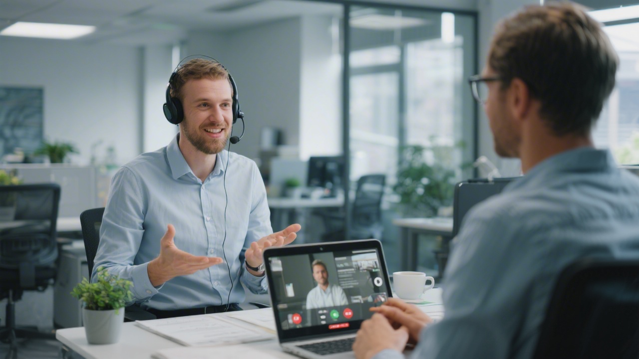 Support specialist wearing headset providing guidance to a freelance professional over secure video call from a modern Berlin office.