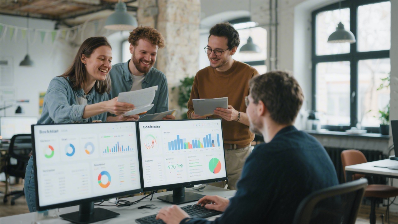 Modern Berlin coworking loft with cheerful freelancer bookkeeping team analyzing financial dashboards on large monitors to illustrate secure paperless accounting workflows for independent professionals.