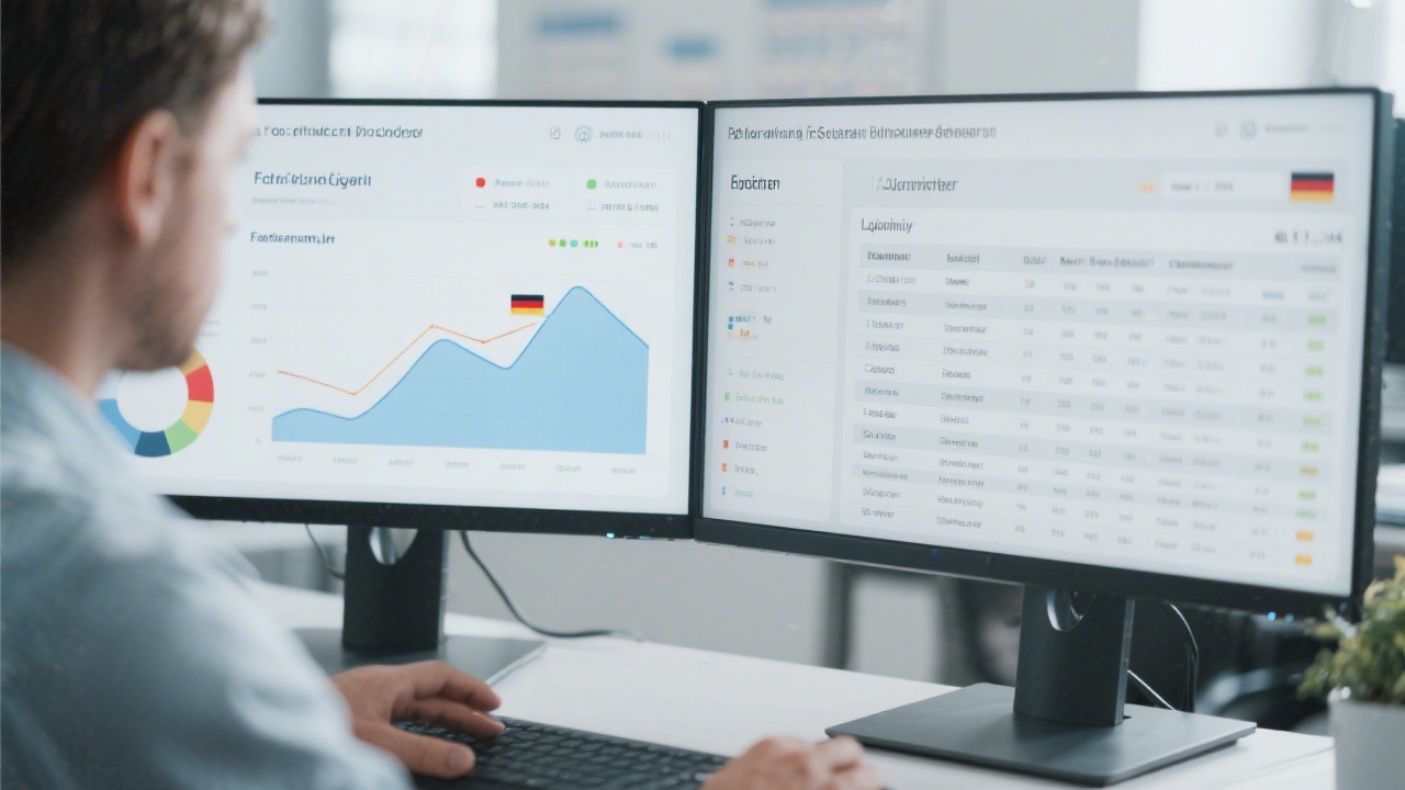 Financial analyst comparing forecasting graphs and liquidity tables on dual screens to provide actionable performance insights for independent professionals managing German bookkeeping obligations.