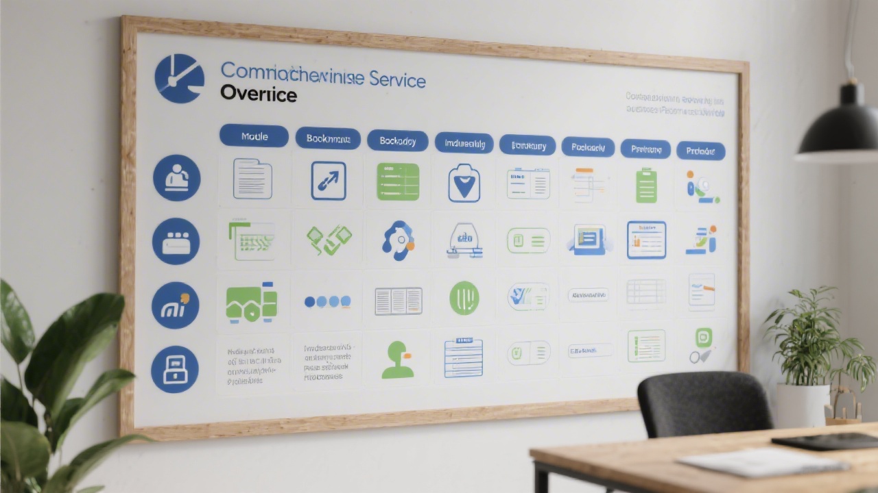 Comprehensive service overview board featuring task columns and automation icons to depict modular bookkeeping offerings for independent professionals.